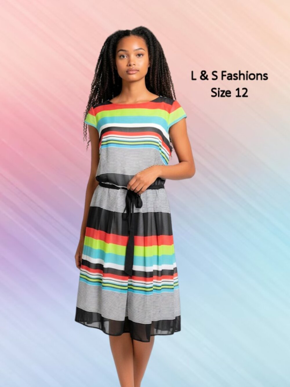 S L Fashions size 12 womens dress midi length white striped multicolor